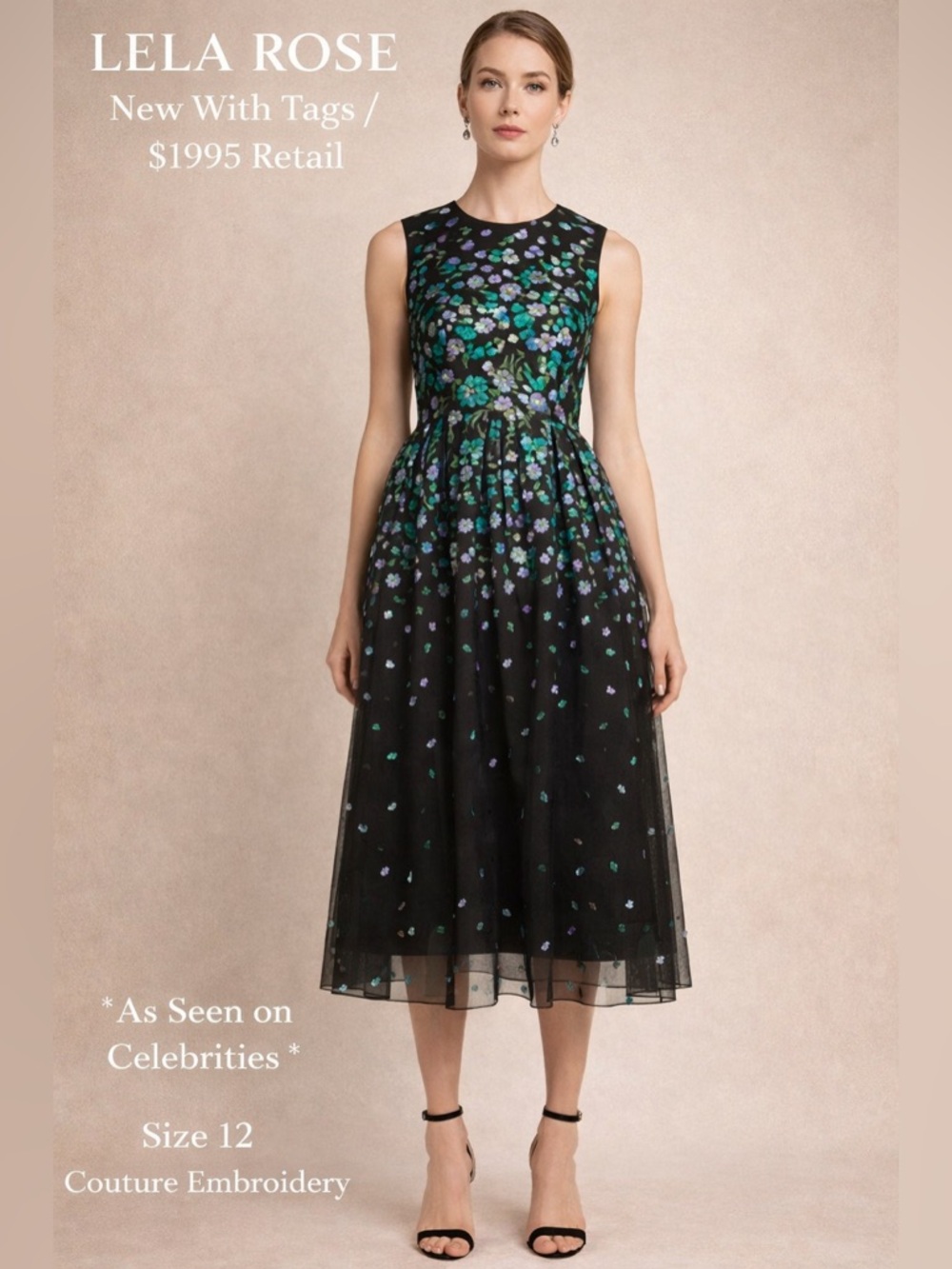 Lela Rose / Black Floral Embroidered Tulle Dress NWT Size 12 $1995